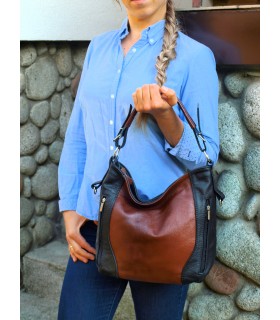 Leather cognac and black crossbody bag with zippers