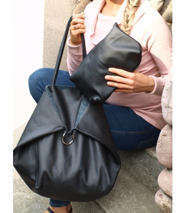 2in1 schwarze Lederhandtasche mit Kosmetiktasche