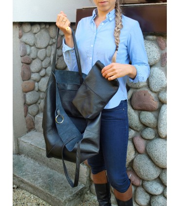 2in1 schwarze Lederhandtasche mit Kosmetiktasche