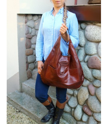 Skórzana Torebka Worek Brązowa Oversize