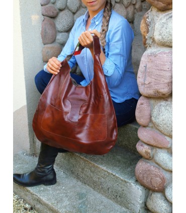 Skórzana Torebka Worek Brązowa Oversize