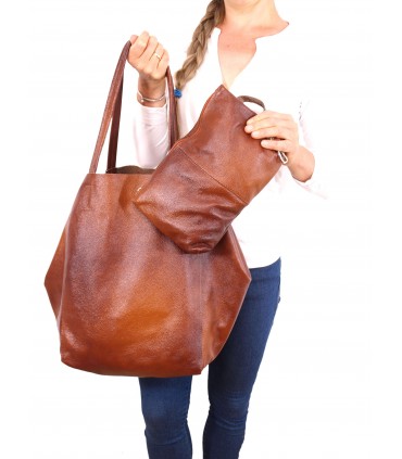 Skórzana kasztanowa torebka 2w1 z kosmetyczką