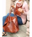 Leather Cognac 2in1 bag with a cosmetic bag,oversize handbag