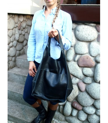 Leather tote Bag, Leather black oversized handbag, 2-in-1 model with a cosmetic bag