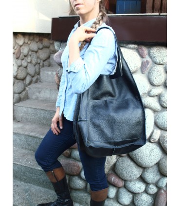 Leather tote Bag, Leather black oversized handbag, 2-in-1 model with a cosmetic bag