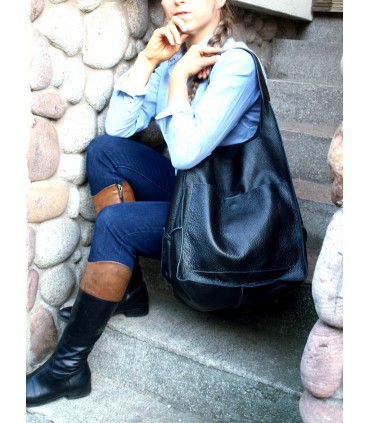 Leather tote Bag, Leather black oversized handbag, 2-in-1 model with a cosmetic bag