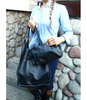 Leather tote Bag, Leather black oversized handbag, 2-in-1 model with a cosmetic bag