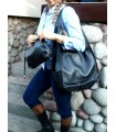 Schwarze Lederhandtasche, Modell 2in1 mit Leder Kulturbeutel, Wochenendhandtasche,