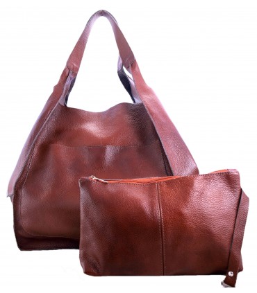 Leather tote Bag, Leather brown cognac oversized handbag, 2-in-1 model with a cosmetic bag