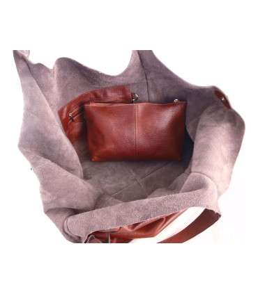 Leather tote Bag, Leather brown cognac oversized handbag, 2-in-1 model with a cosmetic bag