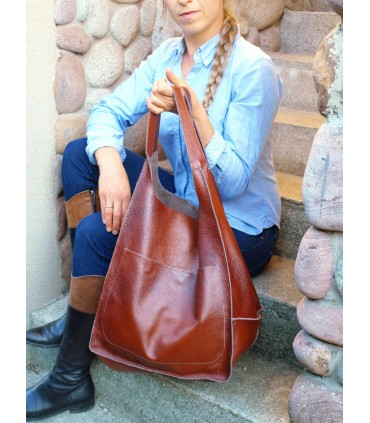 Leather tote Bag, Leather brown cognac oversized handbag, 2-in-1 model with a cosmetic bag
