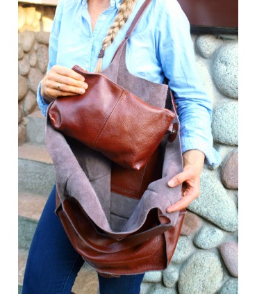 Leather tote Bag, Leather brown cognac oversized handbag, 2-in-1 model with a cosmetic bag