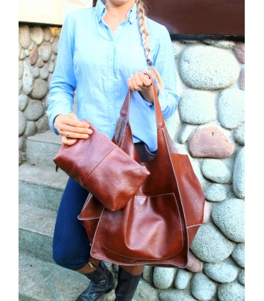 Leather tote Bag, Leather brown cognac oversized handbag, 2-in-1 model with a cosmetic bag