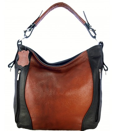 Skórzana brązowo-czarna torebka listonoszka z zamkami