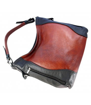 Skórzana brązowo-czarna torebka listonoszka z zamkami