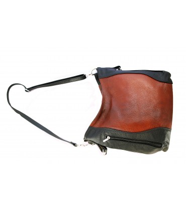 Skórzana brązowo-czarna torebka listonoszka z zamkami