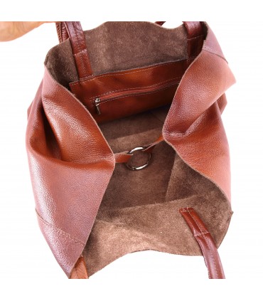 Leather Cognac 2in1 bag with a cosmetic bag,oversize handbag