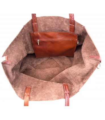 Leather Cognac 2in1 bag with a cosmetic bag,oversize handbag