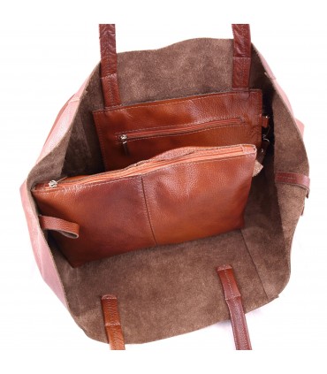 Leather Cognac 2in1 bag with a cosmetic bag,oversize handbag