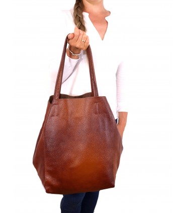 Leather Cognac 2in1 bag with a cosmetic bag,oversize handbag