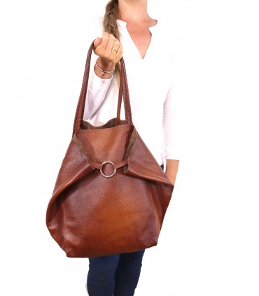 Leather Cognac 2in1 bag with a cosmetic bag,oversize handbag