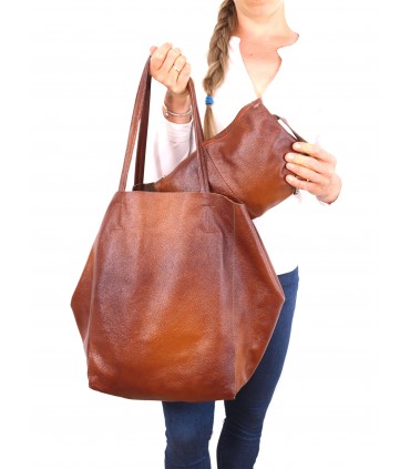 Leather Cognac 2in1 bag with a cosmetic bag,oversize handbag