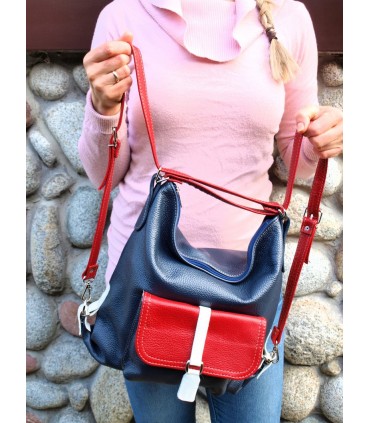 Skórzana granatowa marynarska torebka/plecak/worek