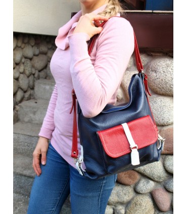 Skórzana granatowa marynarska torebka/plecak/worek