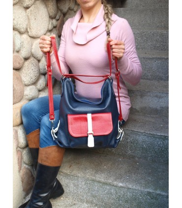 Skórzana granatowa marynarska torebka/plecak/worek