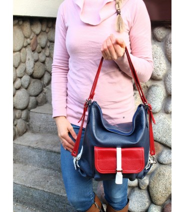 Skórzana granatowa marynarska torebka/plecak/worek