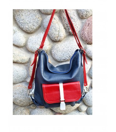 Skórzana granatowa marynarska torebka/plecak/worek