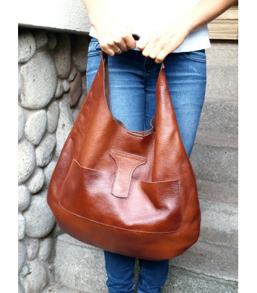 Cognac leather handbag, leather bag, soft leather