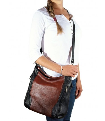 Skórzana brązowo-czarna torebka listonoszka z zamkami