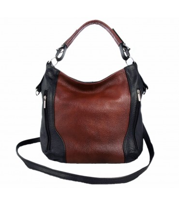 Skórzana brązowo-czarna torebka listonoszka z zamkami