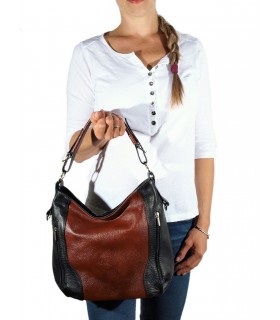 Leather Cognac  and black crossbody bag with zippers