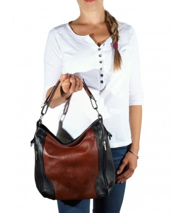 Skórzana brązowo-czarna torebka listonoszka z zamkami